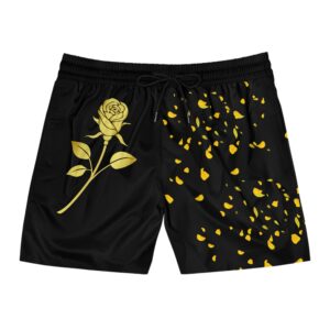 ENCORE Member's Black Swim Shorts with Gold Rose & Petals – Men's Mid-Length Beach Trunks